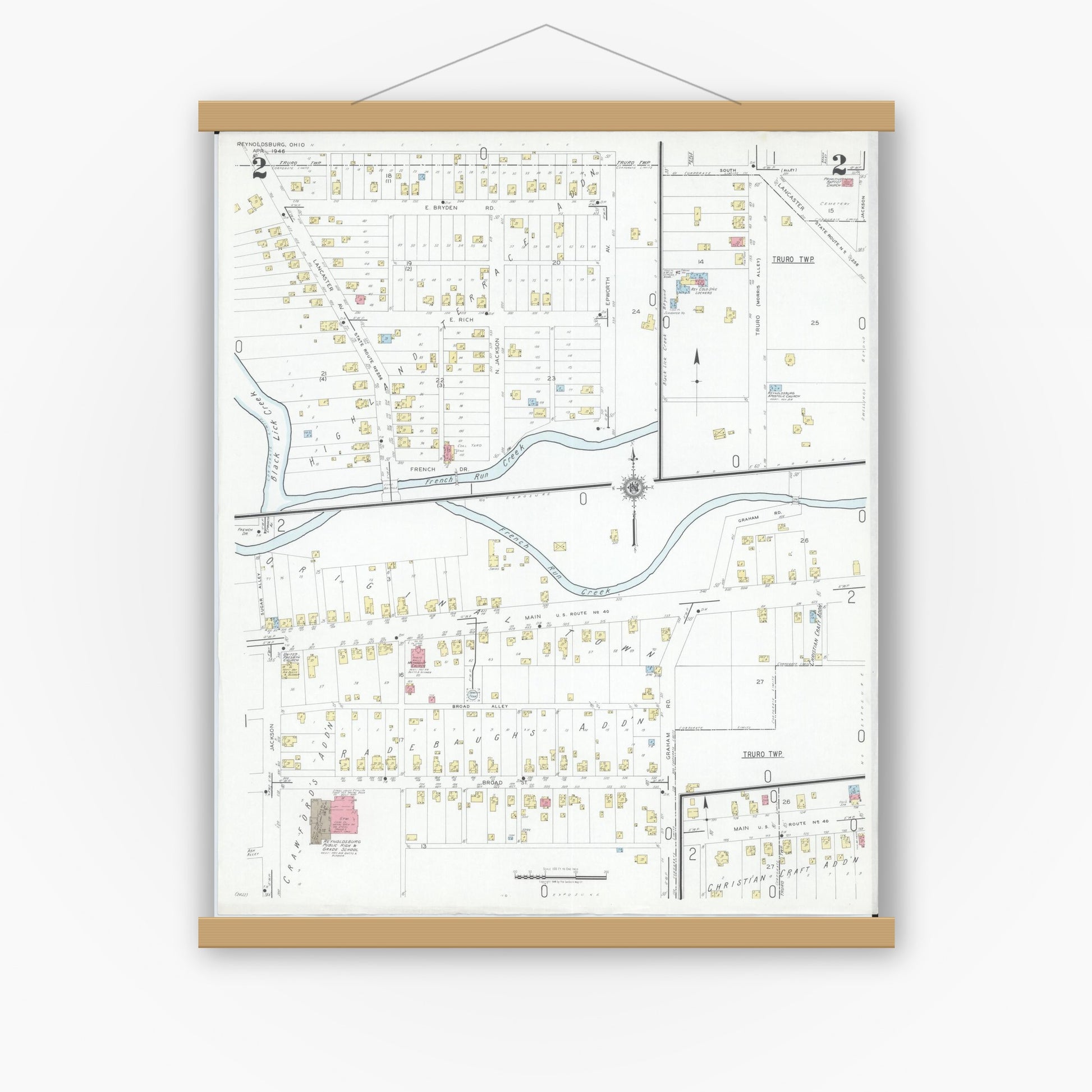 Old map wall art mockup — magnetic wood frame on white wall — Sanborn Fire Insurance Map from Reynoldsburg, Franklin County, Ohio (1946), Sheet #0002