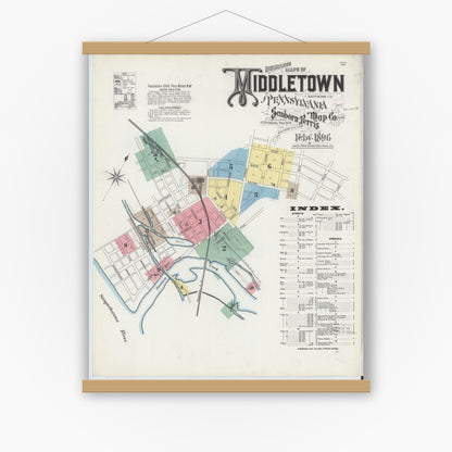 Old map wall art mockup — magnetic wood frame on white wall — Sanborn Fire Insurance Map from Middletown, Dauphin County, Pennsylvania (1896) - Complete Map Set