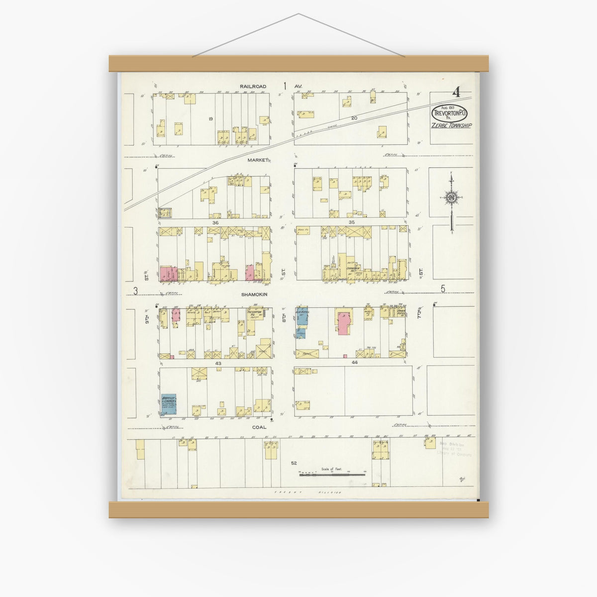 Old map wall art mockup — magnetic wood frame on white wall — Sanborn Fire Insurance Map from Trevorton Post Office, Northumberland County, Pennsylvania (1913), Sheet #0004