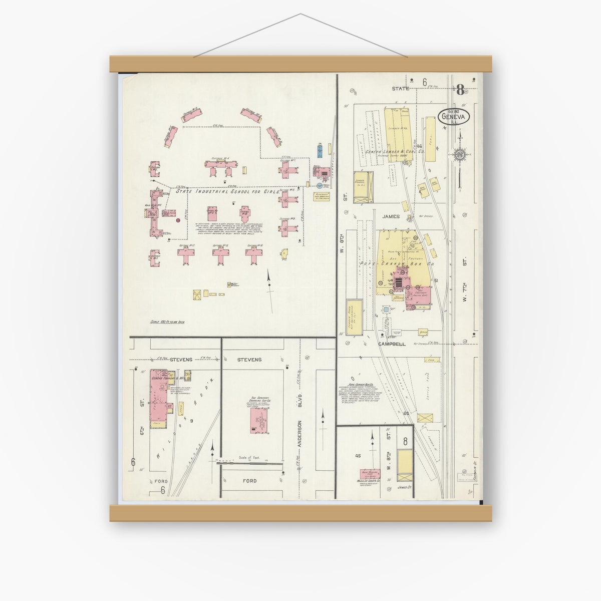 Old map wall art mockup — magnetic wood frame on white wall — Sanborn Fire Insurance Map from Geneva, Kane County, Illinois (1912), Sheet #0008