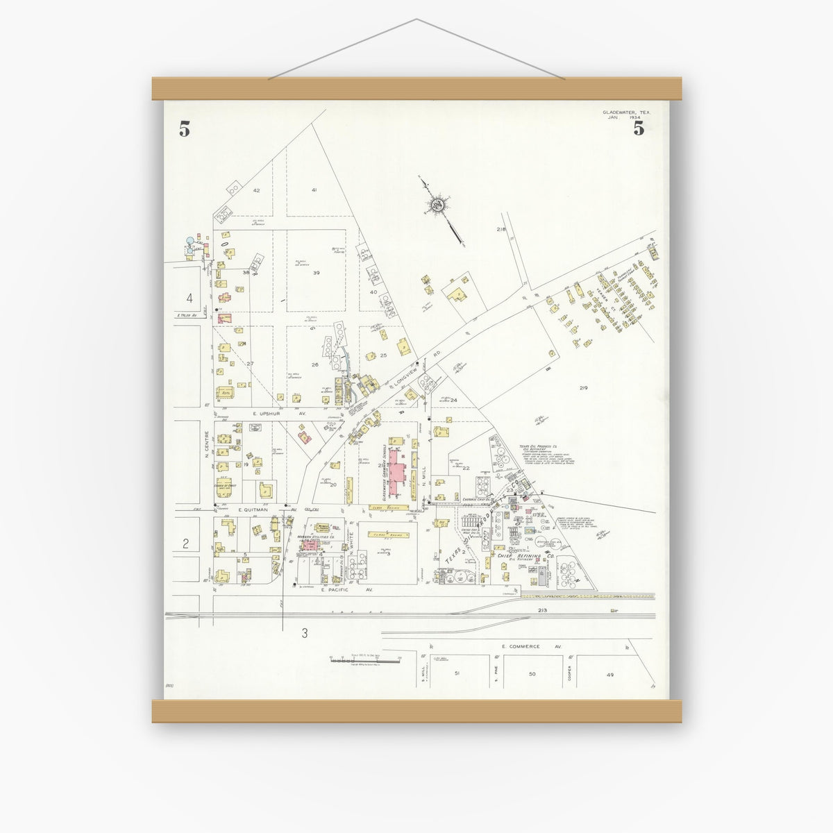 Old map wall art mockup — magnetic wood frame on white wall — Sanborn Fire Insurance Map from Gladewater, Gregg County, Texas (1934), Sheet #0005