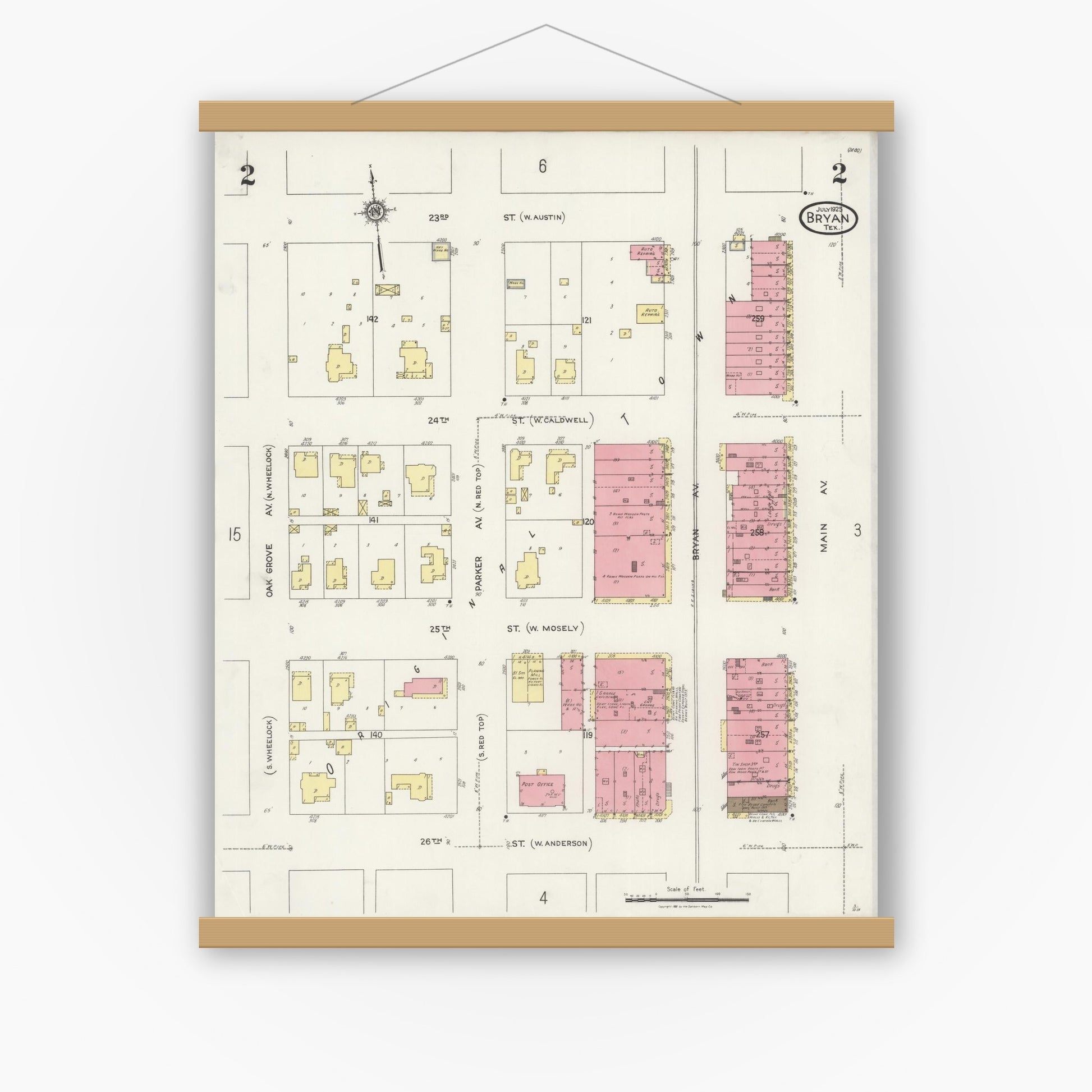 Old map wall art mockup — magnetic wood frame on white wall — Sanborn Fire Insurance Map from Bryan, Brazos County, Texas (1925), Sheet #0002