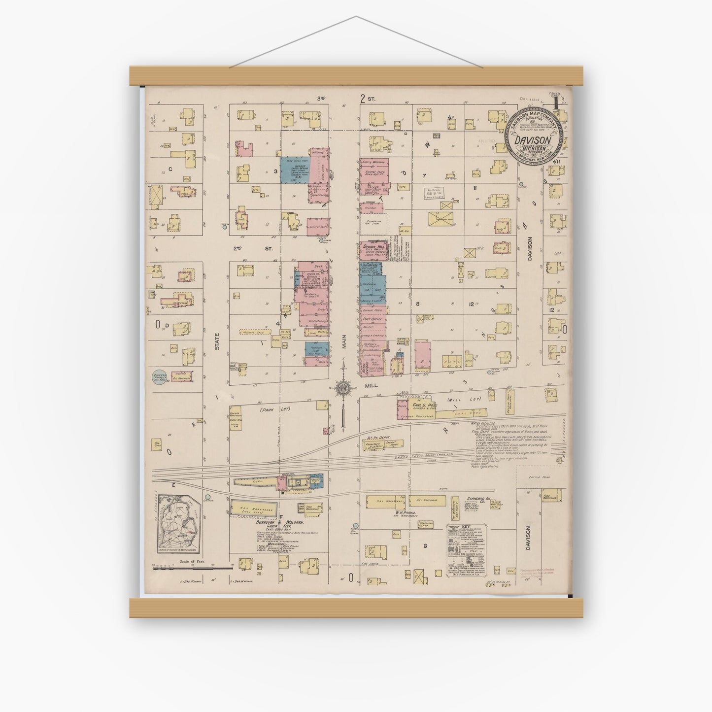 Old map wall art mockup — magnetic wood frame on white wall — Sanborn Fire Insurance Map from Davison, Genesee County, Michigan (1921) - Complete Map Set