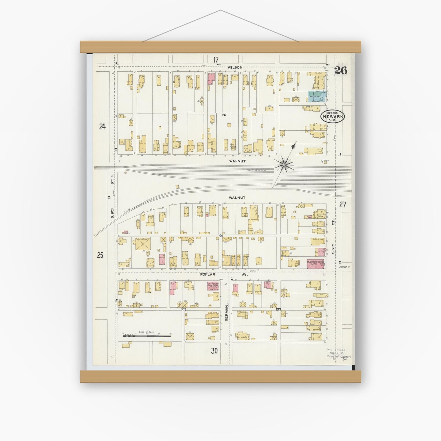 Old map wall art mockup — magnetic wood frame on white wall — Sanborn Fire Insurance Map from Newark, Licking County, Ohio (1905), Sheet #0026