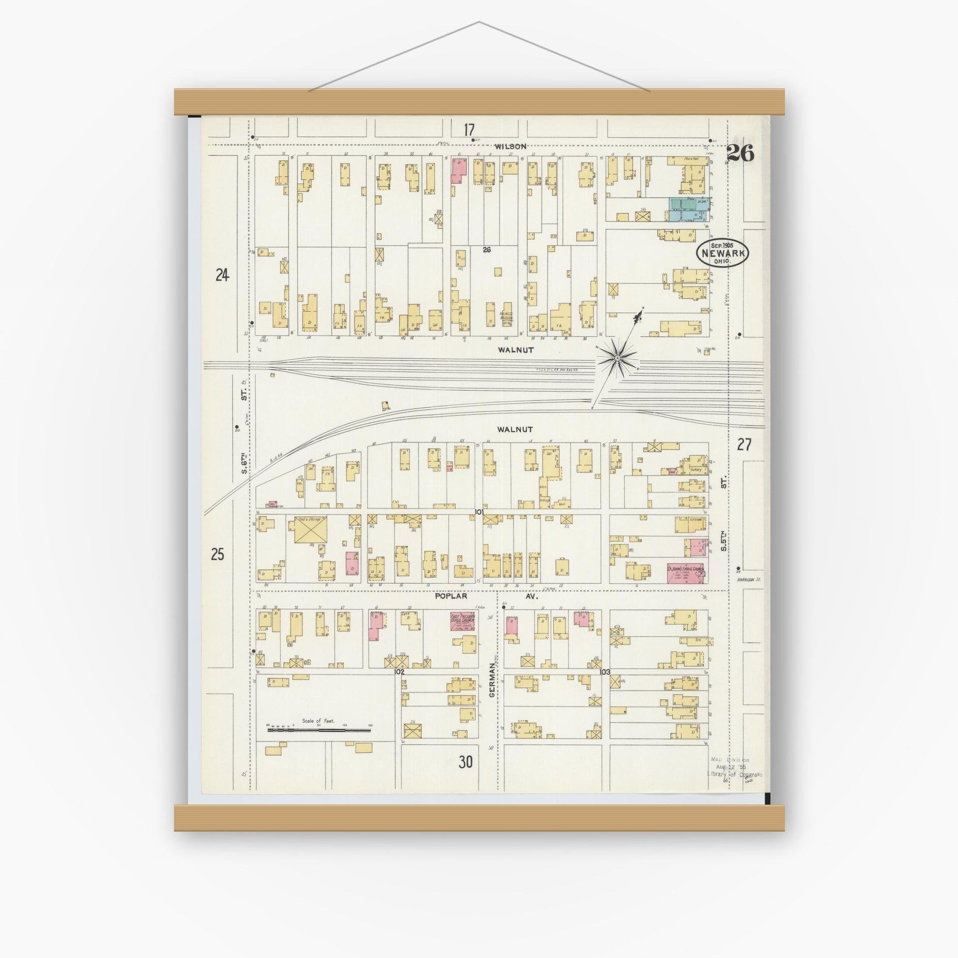 Old map wall art mockup — magnetic wood frame on white wall — Sanborn Fire Insurance Map from Newark, Licking County, Ohio (1905), Sheet #0026