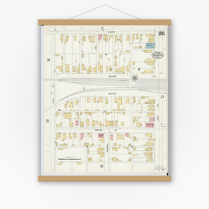 Old map wall art mockup — magnetic wood frame on white wall — Sanborn Fire Insurance Map from Newark, Licking County, Ohio (1905), Sheet #0026
