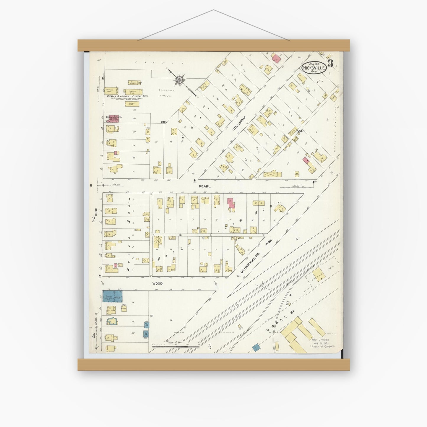 Old map wall art mockup — magnetic wood frame on white wall — Sanborn Fire Insurance Map from Hicksville, Defiance County, Ohio (1913), Sheet #0003