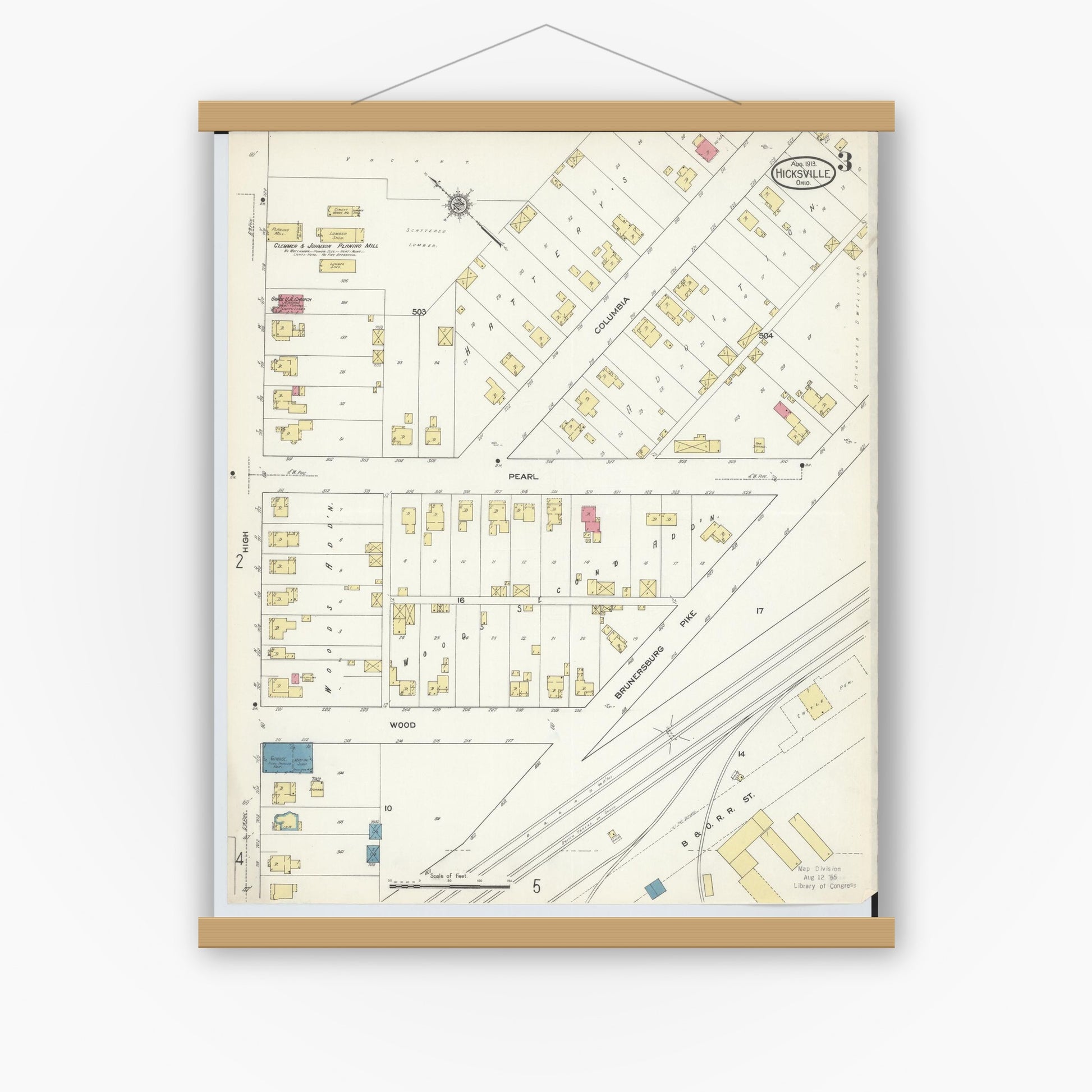 Old map wall art mockup — magnetic wood frame on white wall — Sanborn Fire Insurance Map from Hicksville, Defiance County, Ohio (1913), Sheet #0003