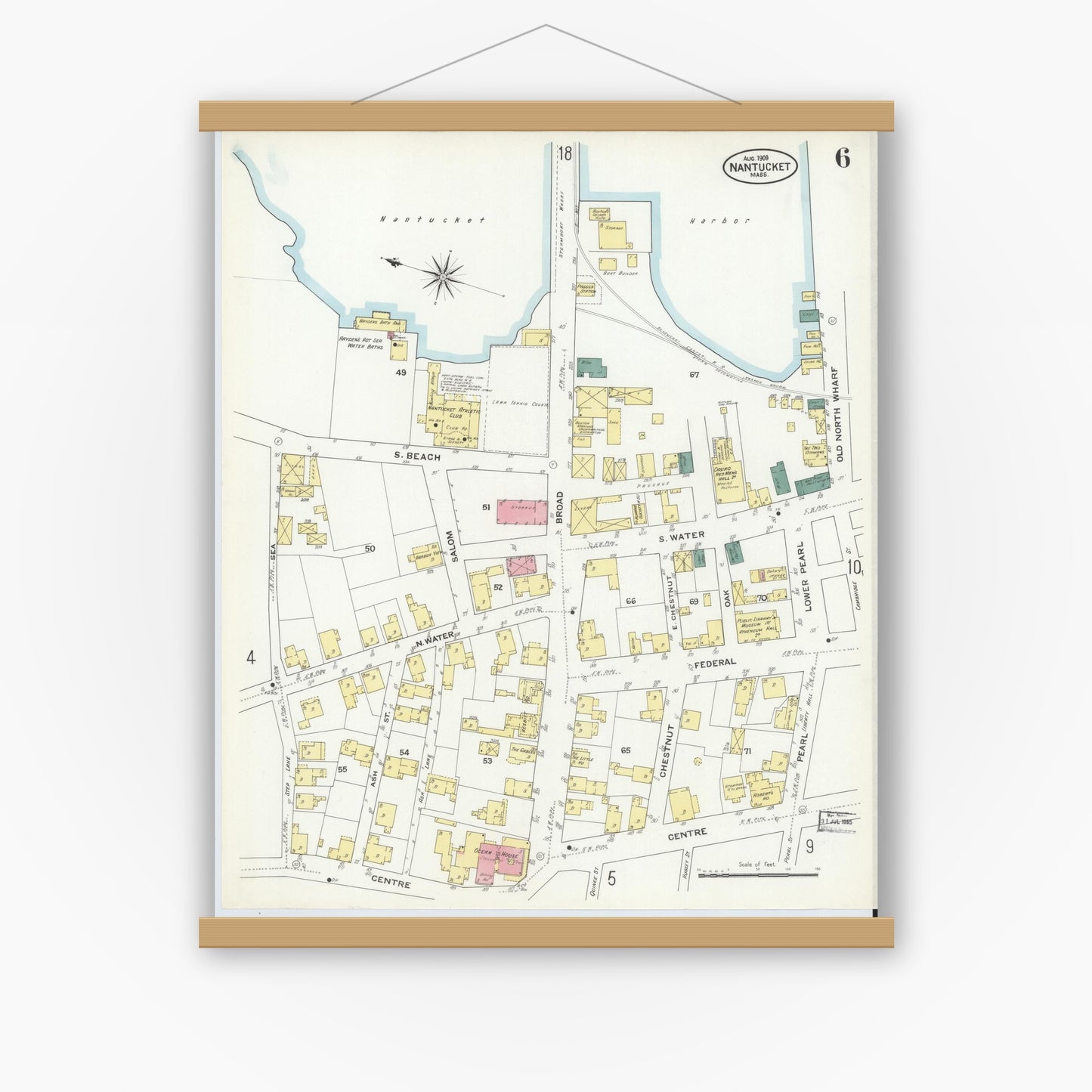Old map wall art mockup — magnetic wood frame on white wall — Sanborn Fire Insurance Map from Nantucket, Nantucket County, Massachusetts (1909), Sheet #0006