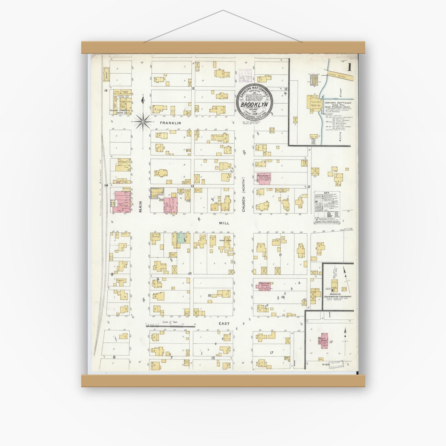 Old map wall art mockup — magnetic wood frame on white wall — Sanborn Fire Insurance Map from Brooklyn, Morgan County, Indiana (1908) - Complete Map Set