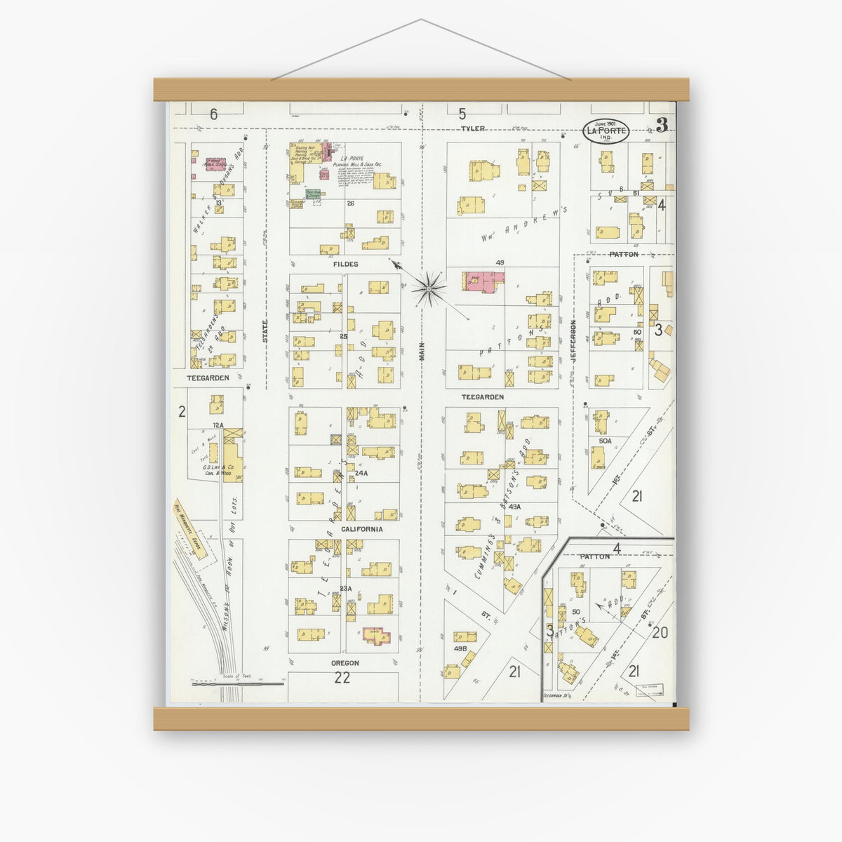 Old map wall art mockup — magnetic wood frame on white wall — Sanborn Fire Insurance Map from La Porte, La Porte County, Indiana (1901), Sheet #0003