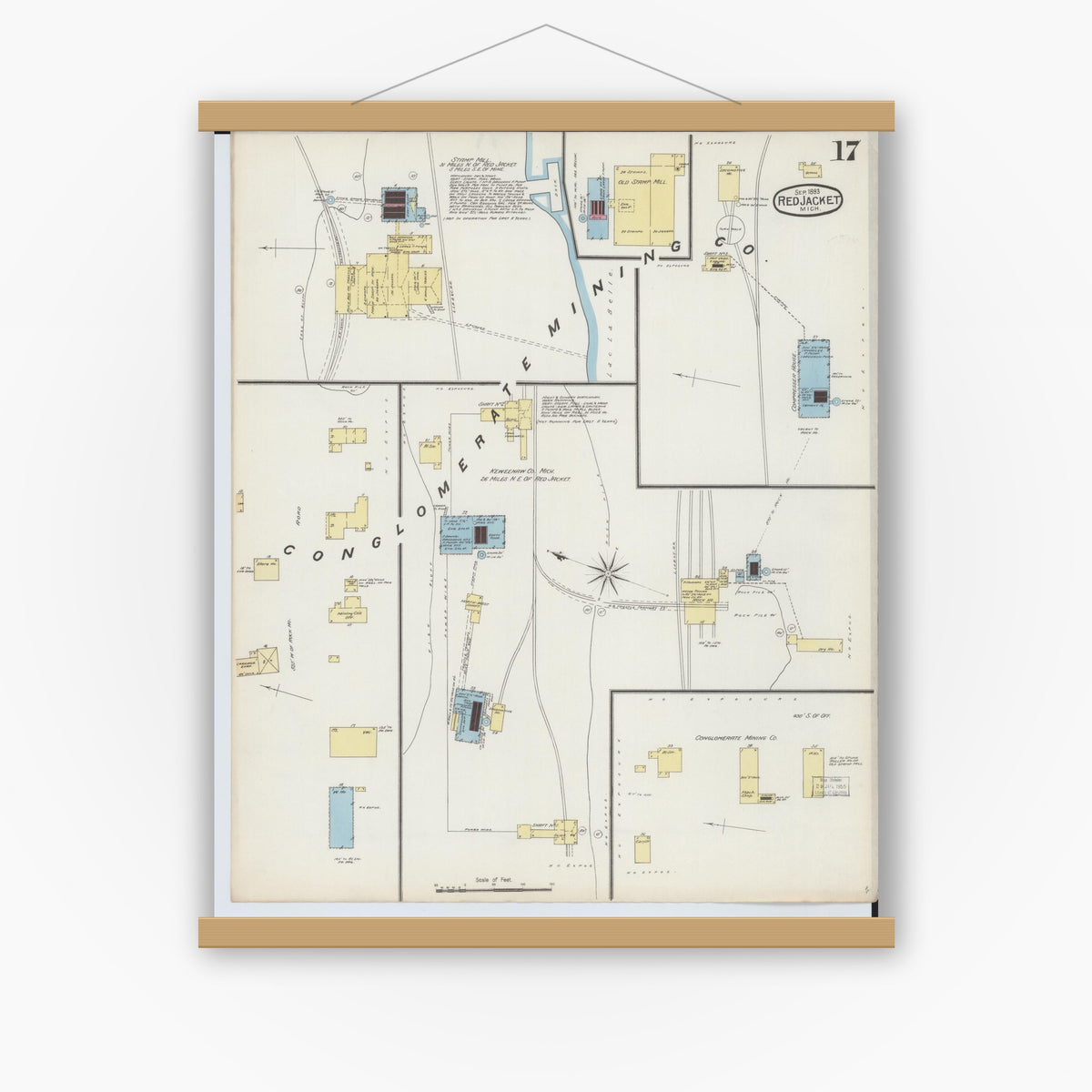 Old map wall art mockup — magnetic wood frame on white wall — Sanborn Fire Insurance Map from Red Jacket, Houghton County, Michigan (1893), Sheet #0017