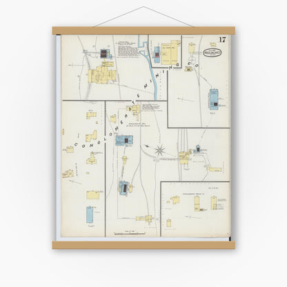 Old map wall art mockup — magnetic wood frame on white wall — Sanborn Fire Insurance Map from Red Jacket, Houghton County, Michigan (1893), Sheet #0017