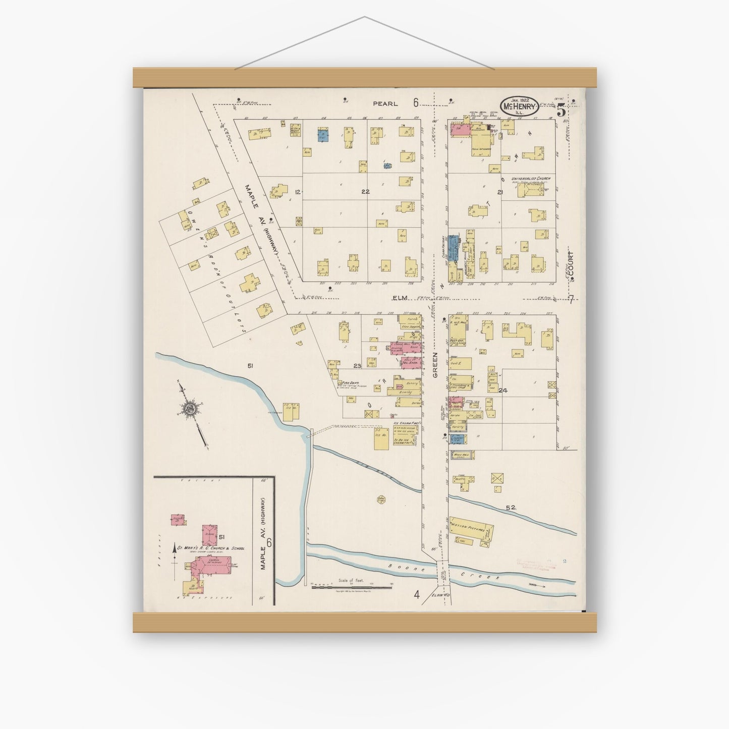 Old map wall art mockup — magnetic wood frame on white wall — Sanborn Fire Insurance Map from McHenry, McHenry County, Illinois (1922), Sheet #0005