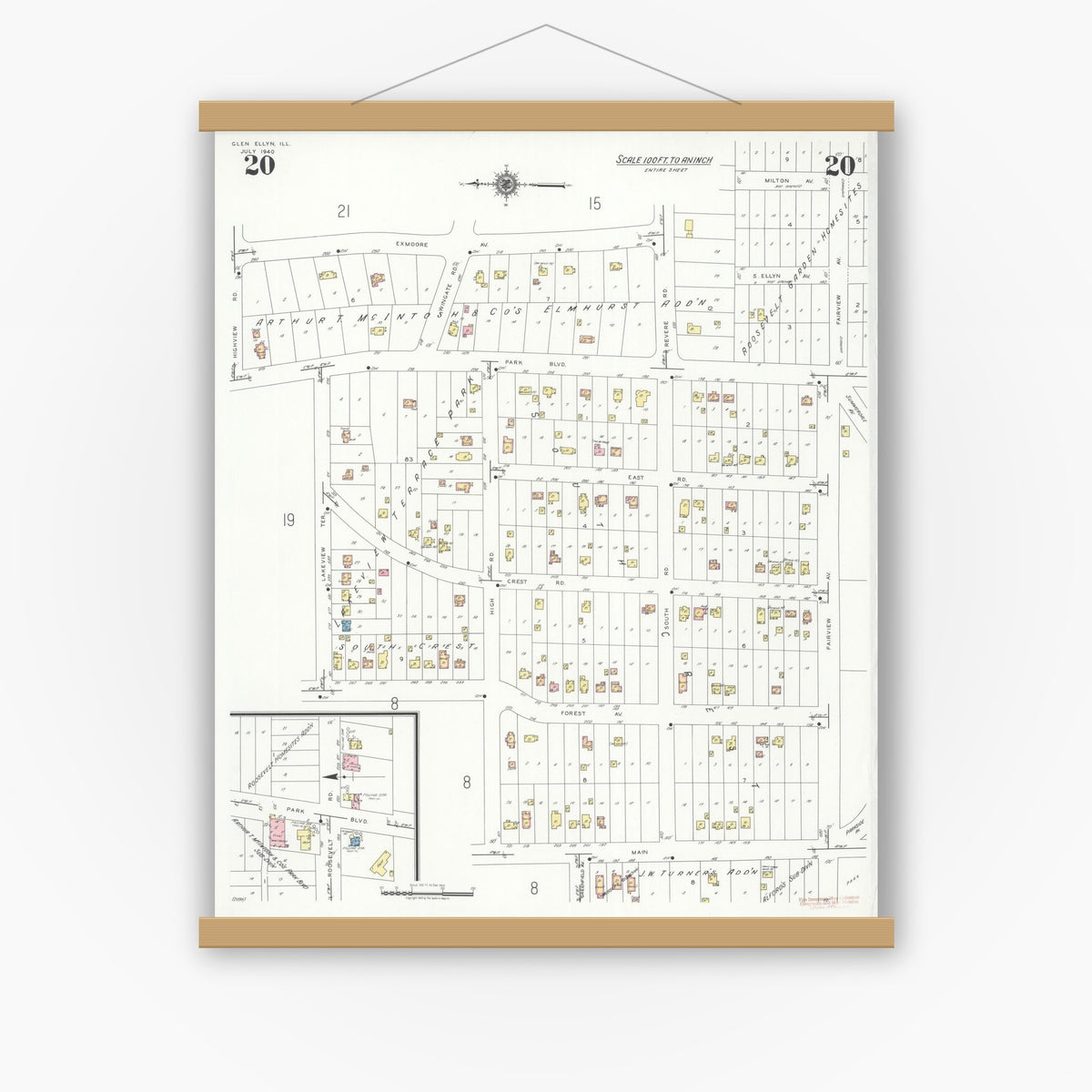 Old map wall art mockup — magnetic wood frame on white wall — Sanborn Fire Insurance Map from Glen Ellyn, Du Page County, Illinois (1940), Sheet #0020