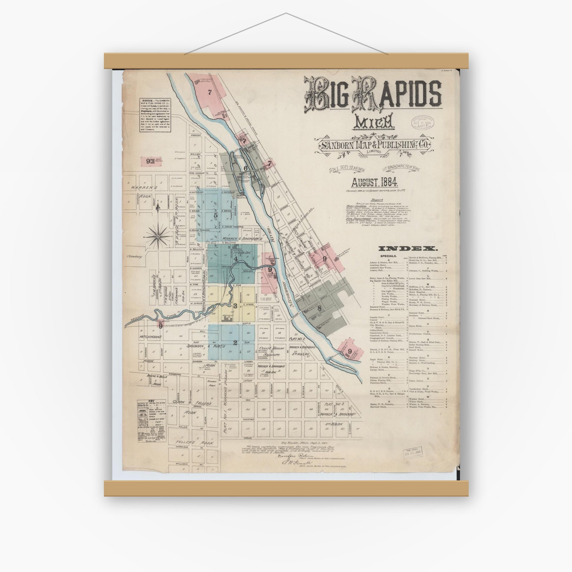 Old map wall art mockup — magnetic wood frame on white wall — Sanborn Fire Insurance Map from Big Rapids, Mecosta County, Michigan (1884), Sheet #0001