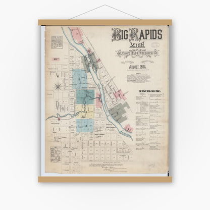 Old map wall art mockup — magnetic wood frame on white wall — Sanborn Fire Insurance Map from Big Rapids, Mecosta County, Michigan (1884), Sheet #0001