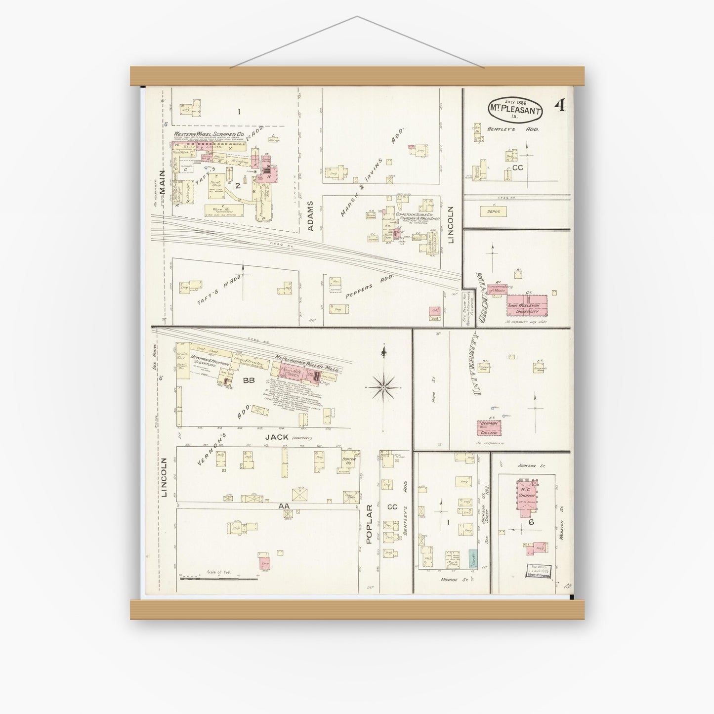 Old map wall art mockup — magnetic wood frame on white wall — Sanborn Fire Insurance Map from Mount Pleasant, Henry County, Iowa (1886), Sheet #0004