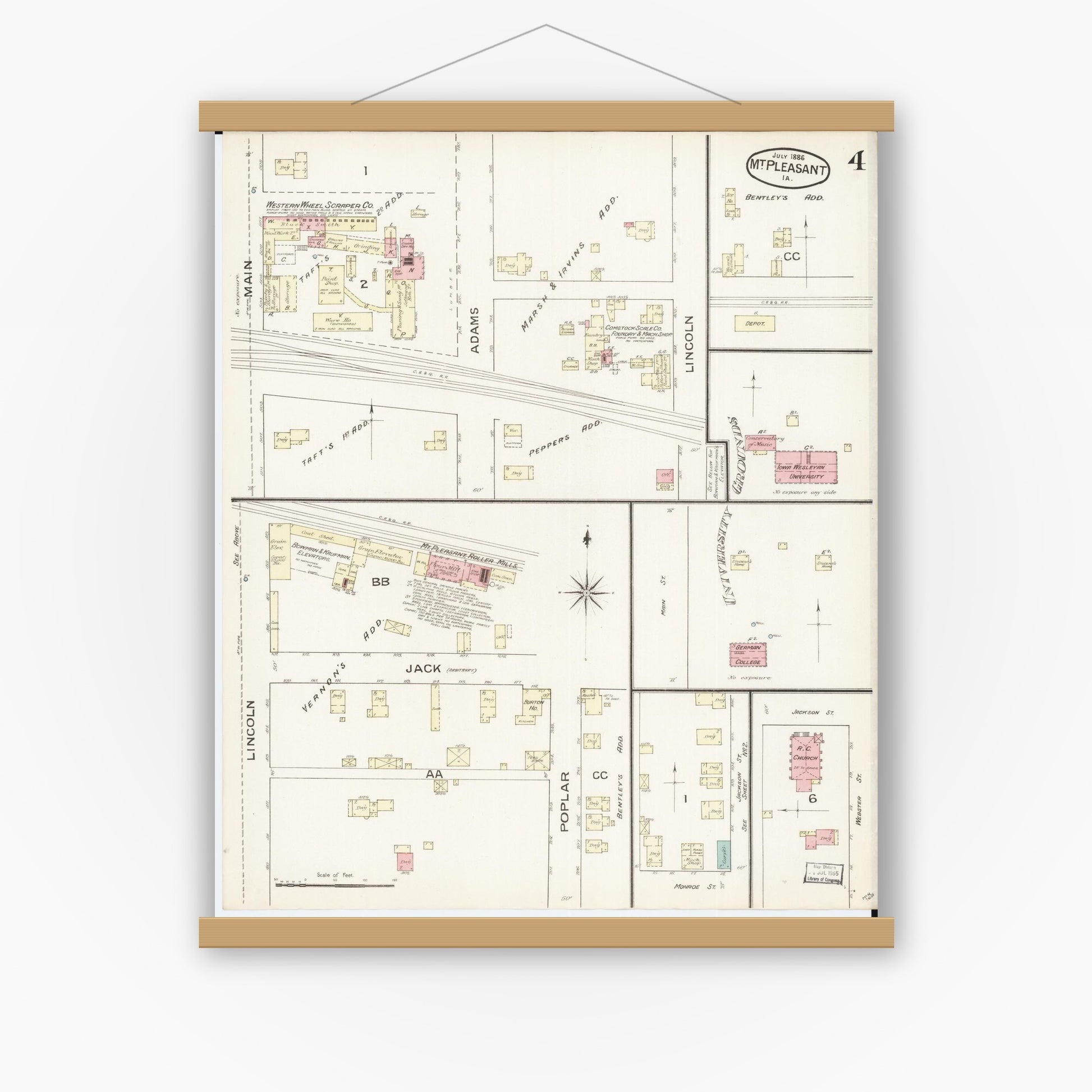 Old map wall art mockup — magnetic wood frame on white wall — Sanborn Fire Insurance Map from Mount Pleasant, Henry County, Iowa (1886), Sheet #0004