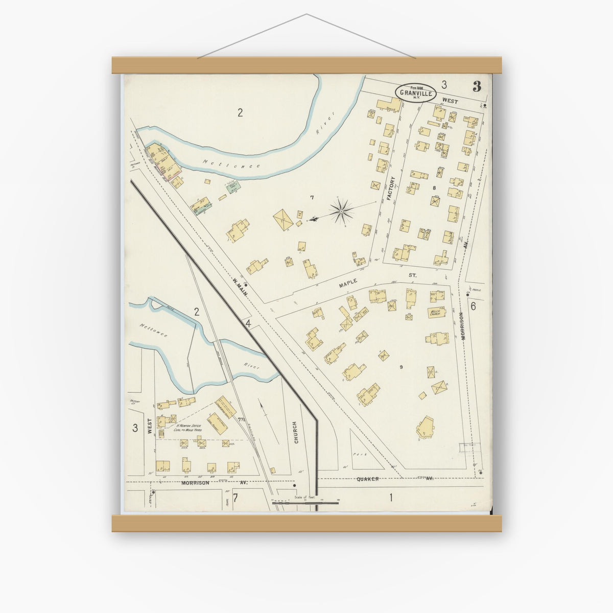 Old map wall art mockup — magnetic wood frame on white wall — Sanborn Fire Insurance Map from Granville, Washington County, New York (1898), Sheet #0003