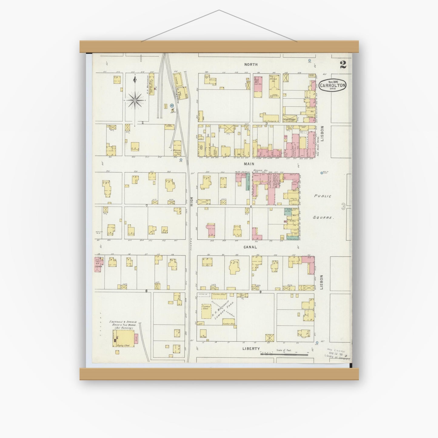 Old map wall art mockup — magnetic wood frame on white wall — Sanborn Fire Insurance Map from Carrollton, Carroll County, Ohio (1895), Sheet #0002