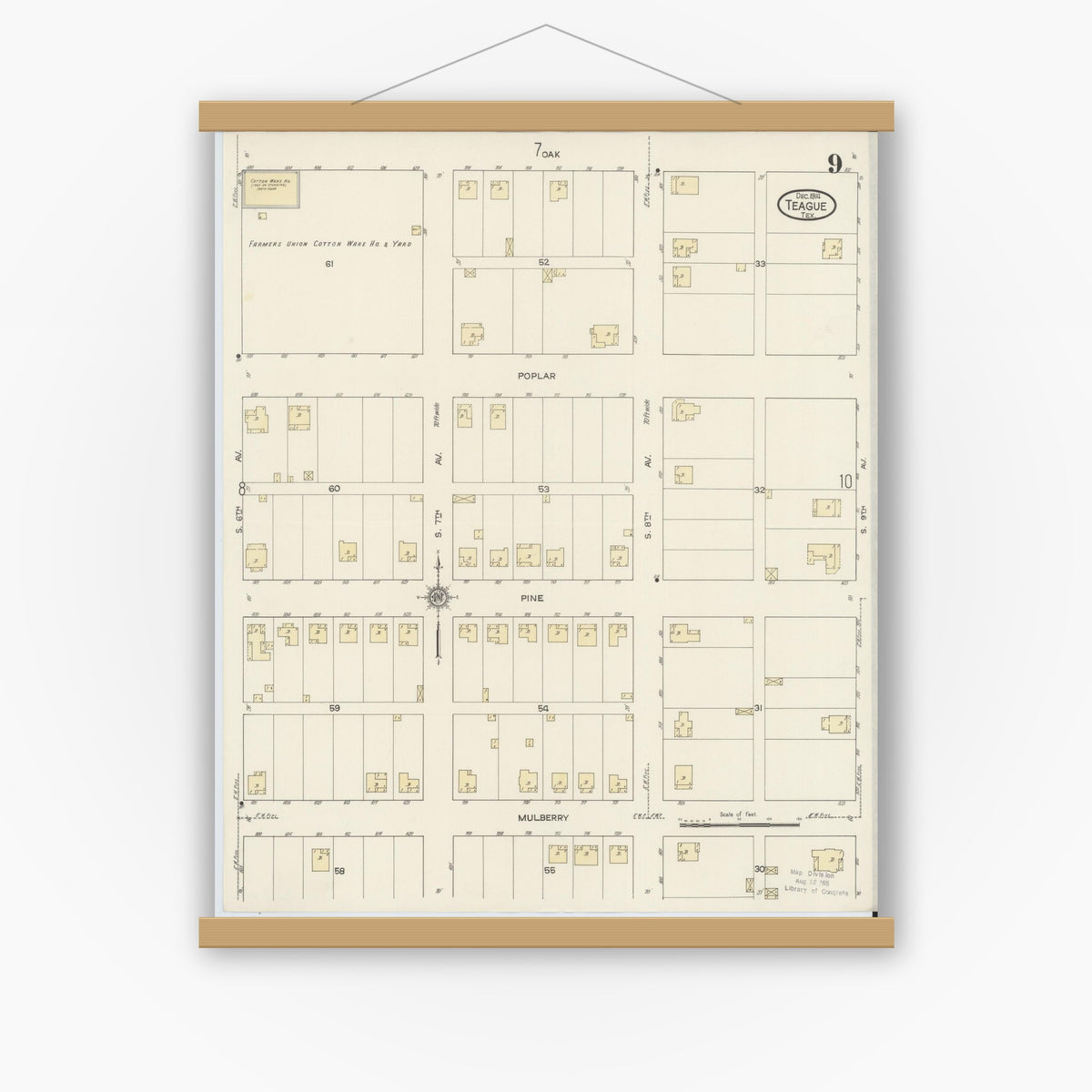 Old map wall art mockup — magnetic wood frame on white wall — Sanborn Fire Insurance Map from Teague, Freestone County, Texas (1914), Sheet #0009