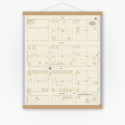 Old map wall art mockup — magnetic wood frame on white wall — Sanborn Fire Insurance Map from Teague, Freestone County, Texas (1914), Sheet #0009