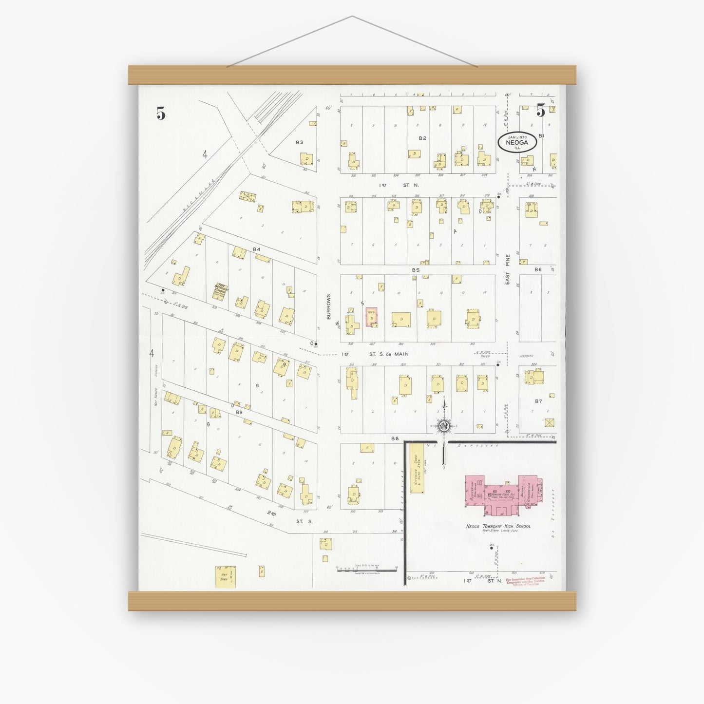 Old map wall art mockup — magnetic wood frame on white wall — Sanborn Fire Insurance Map from Neoga, Cumberland County, Illinois (1930), Sheet #0005