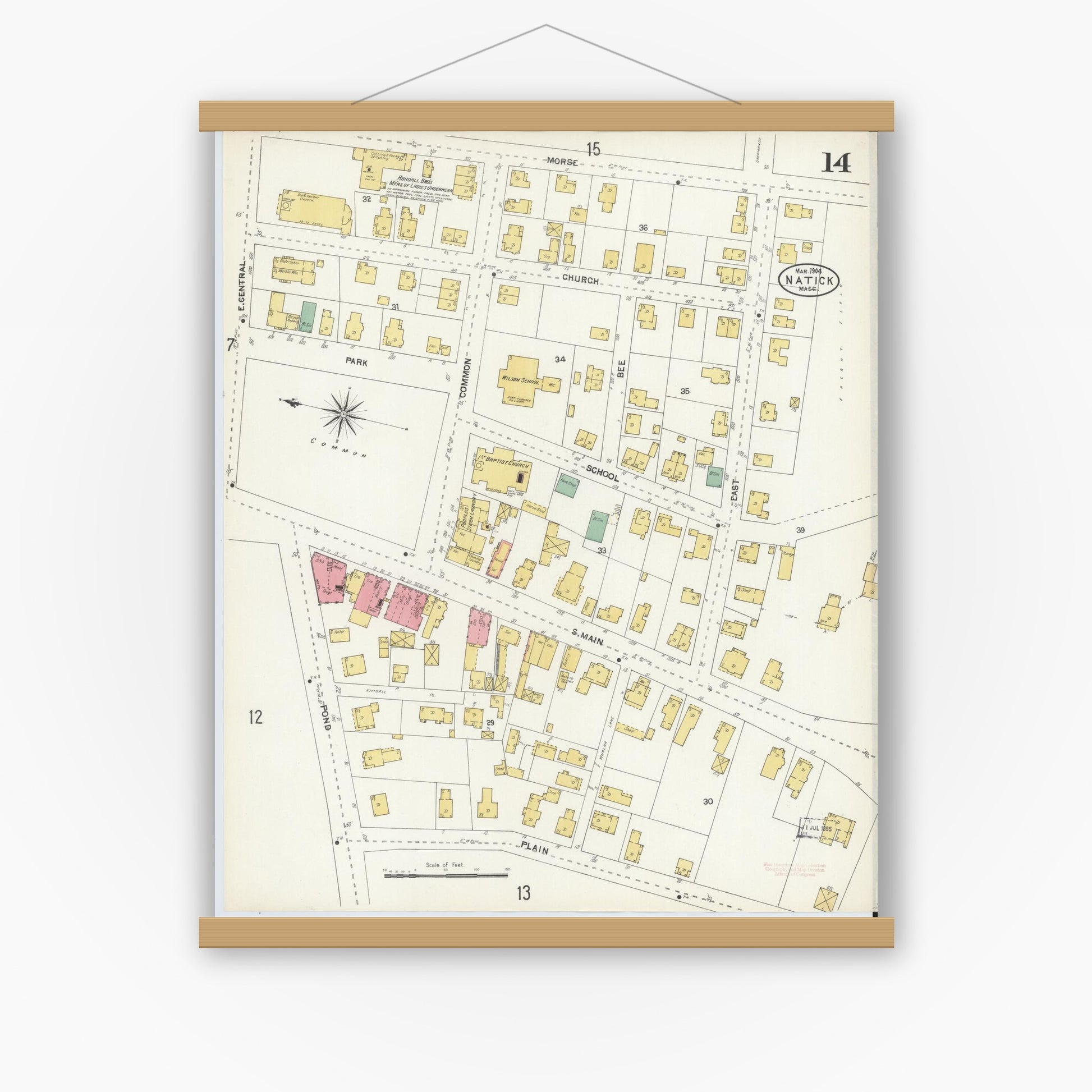 Old map wall art mockup — magnetic wood frame on white wall — Sanborn Fire Insurance Map from Natick, Middlesex County, Massachusetts (1904), Sheet #0014
