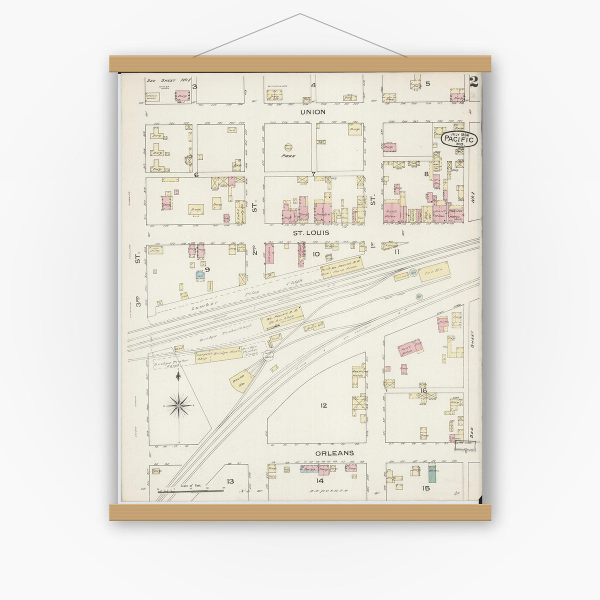 Old map wall art mockup — magnetic wood frame on white wall — Sanborn Fire Insurance Map from Pacific, Franklin County, Missouri (1886), Sheet #0002