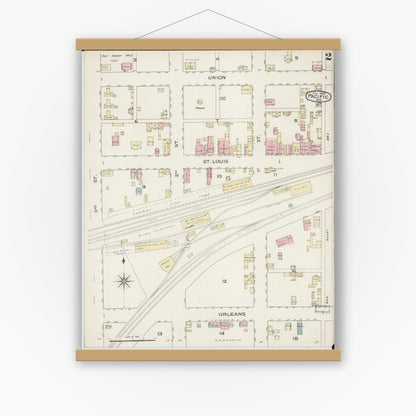 Old map wall art mockup — magnetic wood frame on white wall — Sanborn Fire Insurance Map from Pacific, Franklin County, Missouri (1886), Sheet #0002