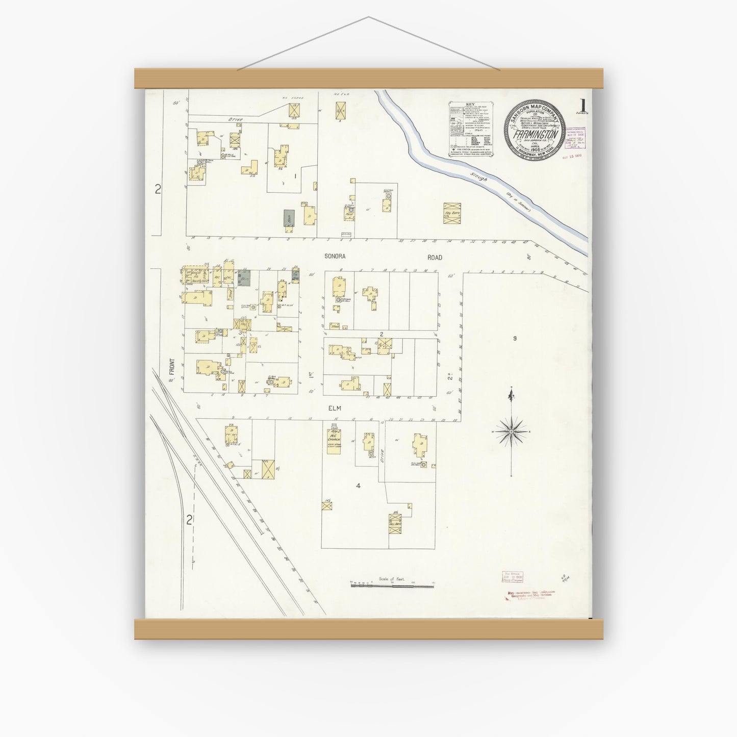Old map wall art mockup — magnetic wood frame on white wall — Sanborn Fire Insurance Map from Farmington, San Joaquin County, California (1908) - Complete Map Set