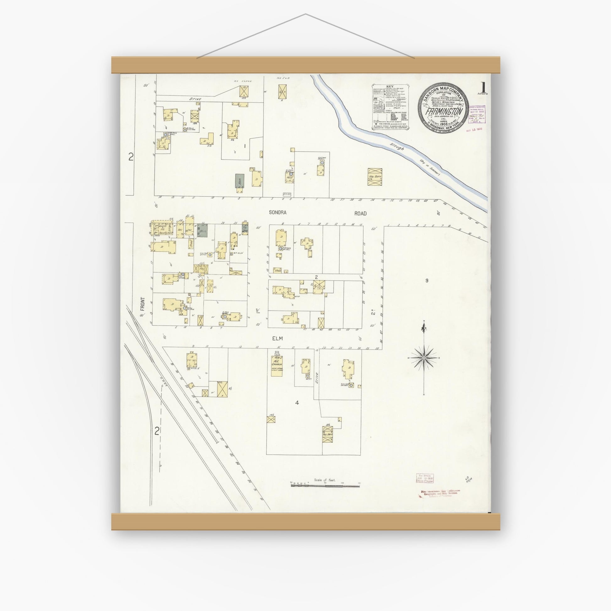 Old map wall art mockup — magnetic wood frame on white wall — Sanborn Fire Insurance Map from Farmington, San Joaquin County, California (1908) - Complete Map Set