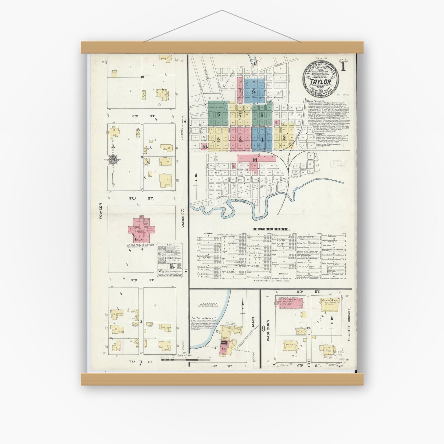 Old map wall art mockup — magnetic wood frame on white wall — Sanborn Fire Insurance Map from Taylor, Williamson County, Texas (1912) - Complete Map Set