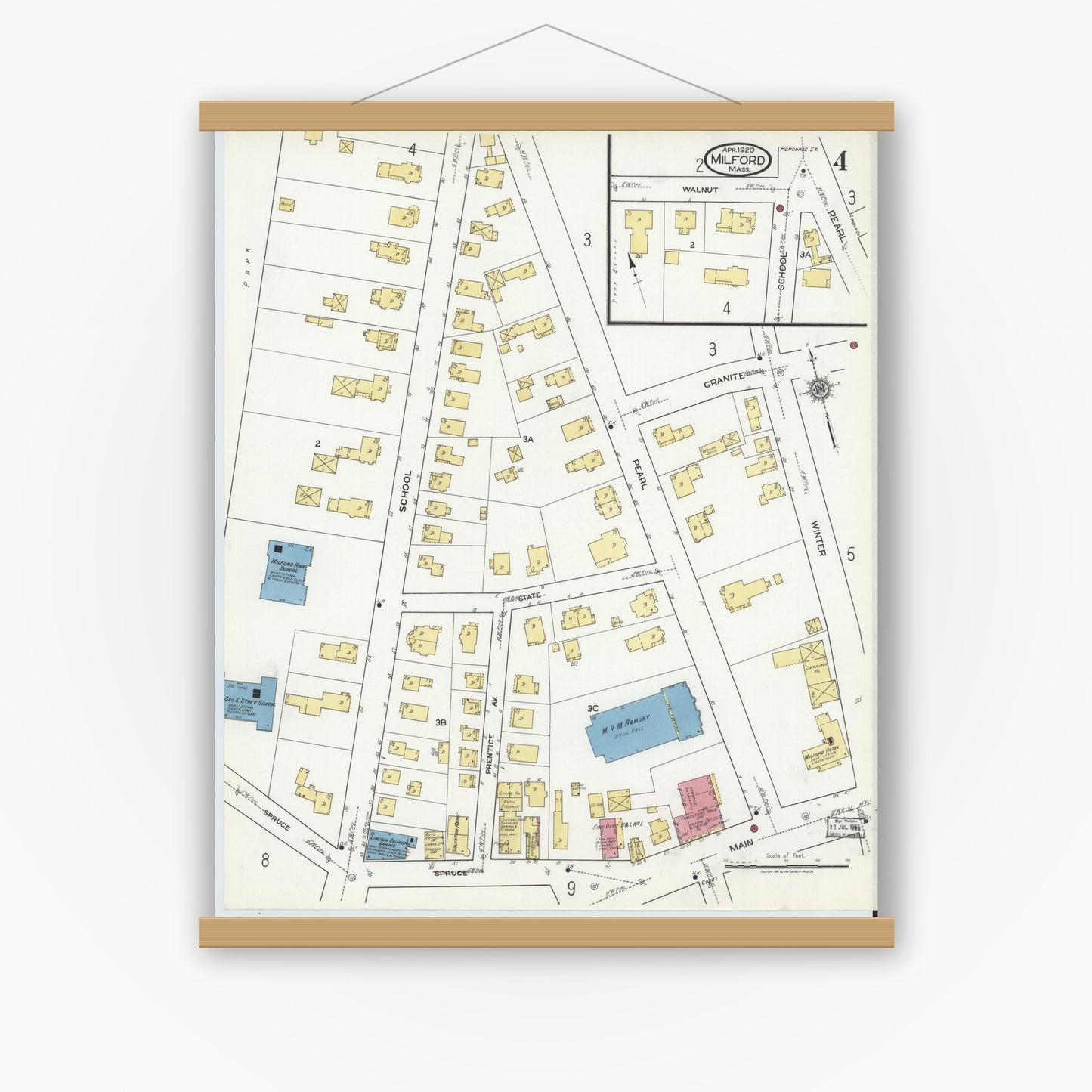 Old map wall art mockup — magnetic wood frame on white wall — Sanborn Fire Insurance Map from Milford, Worcester County, Massachusetts (1920), Sheet #0004