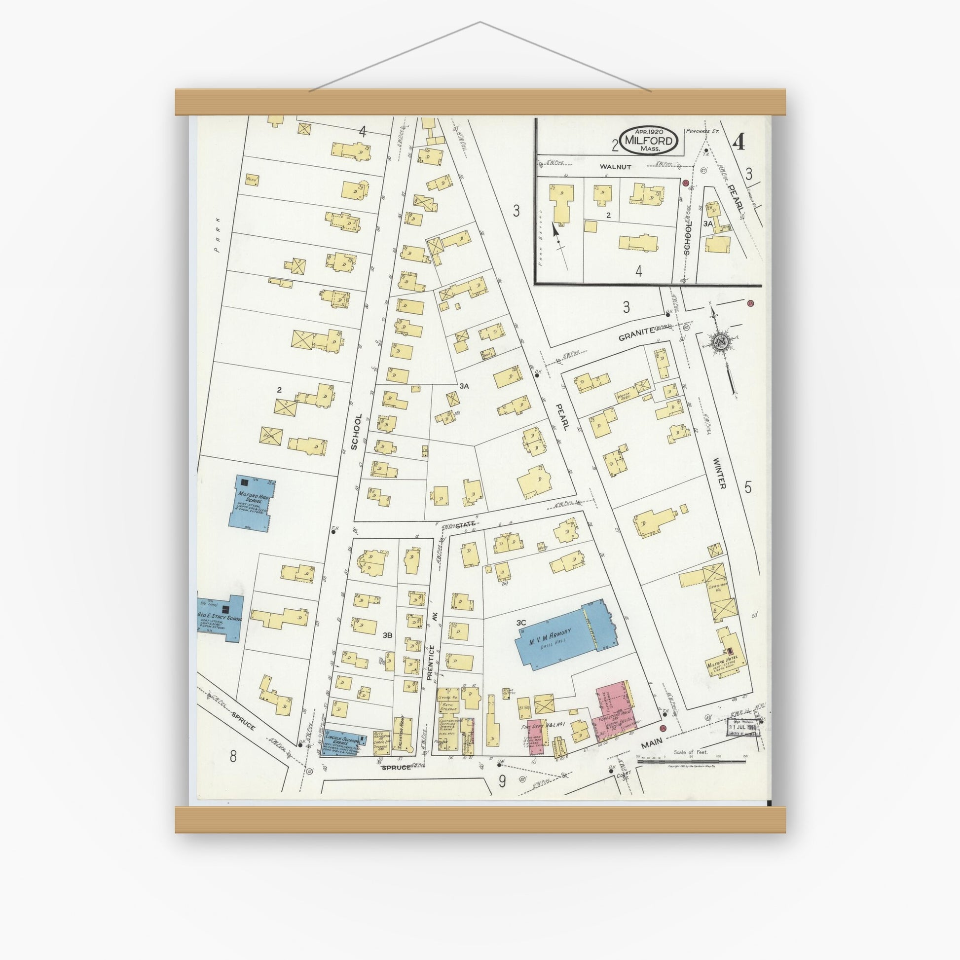 Old map wall art mockup — magnetic wood frame on white wall — Sanborn Fire Insurance Map from Milford, Worcester County, Massachusetts (1920), Sheet #0004