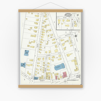 Old map wall art mockup — magnetic wood frame on white wall — Sanborn Fire Insurance Map from Milford, Worcester County, Massachusetts (1920), Sheet #0004