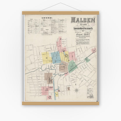 Old map wall art mockup — magnetic wood frame on white wall — Sanborn Fire Insurance Map from Malden, Middlesex County, Massachusetts (1887), Sheet #0001