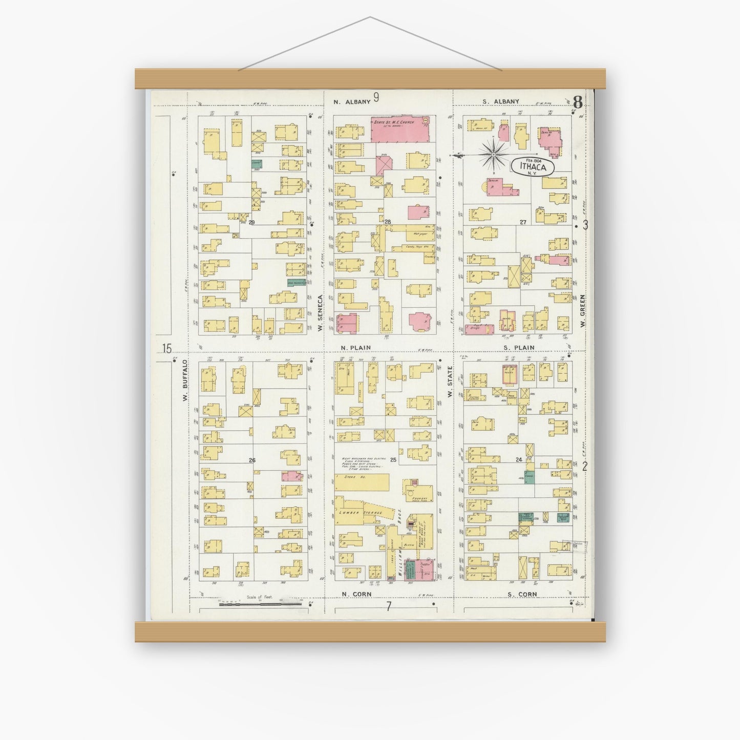 Old map wall art mockup — magnetic wood frame on white wall — Sanborn Fire Insurance Map from Ithaca, Tompkins County, New York (1904), Sheet #0008