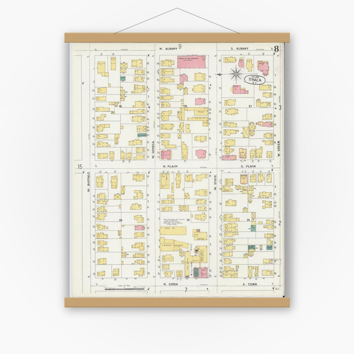 Old map wall art mockup — magnetic wood frame on white wall — Sanborn Fire Insurance Map from Ithaca, Tompkins County, New York (1904), Sheet #0008