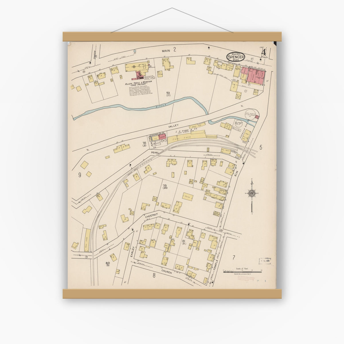 Old map wall art mockup — magnetic wood frame on white wall — Sanborn Fire Insurance Map from Spencer, Worcester County, Massachusetts (1922), Sheet #0004
