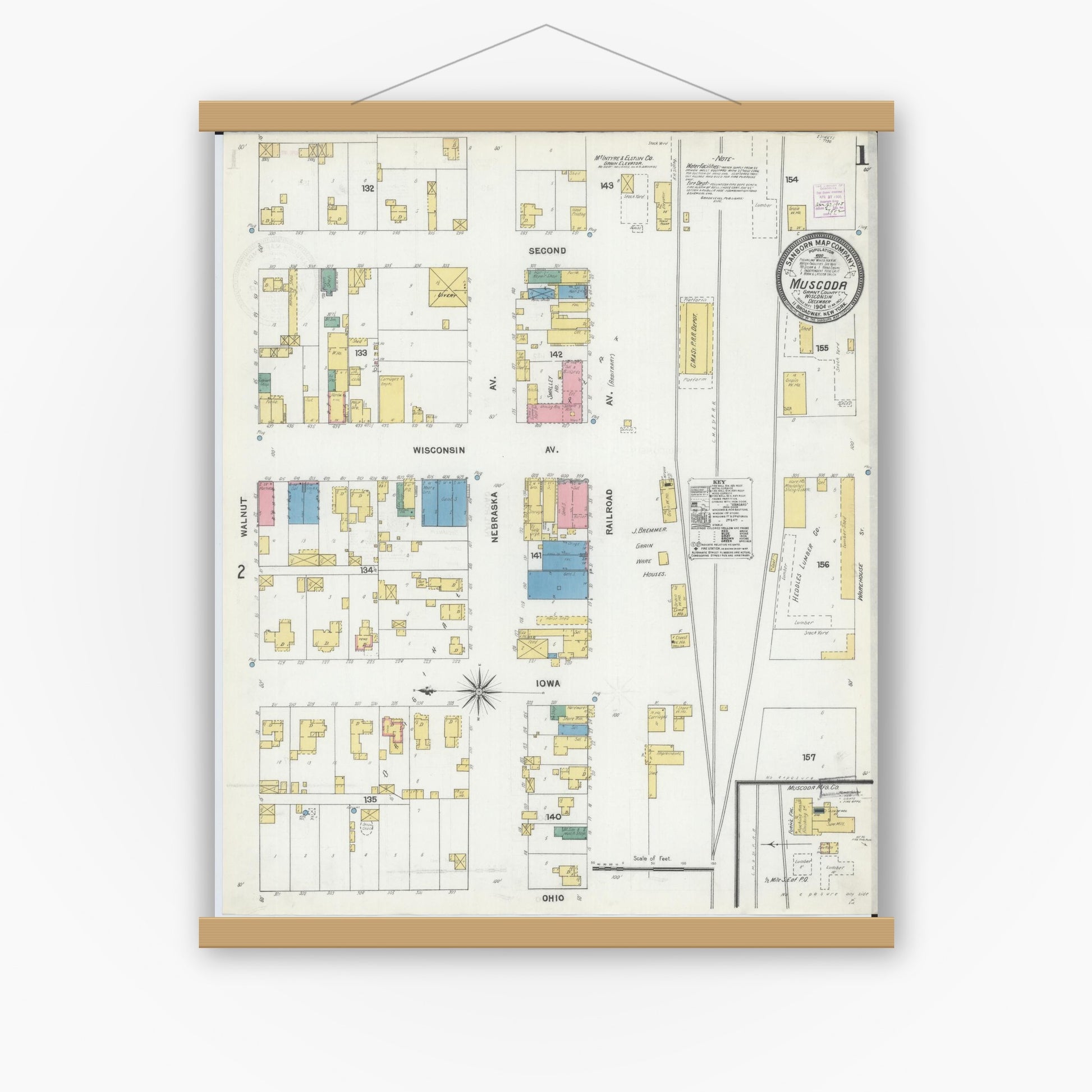Old map wall art mockup — magnetic wood frame on white wall — Sanborn Fire Insurance Map from Muscoda, Grant County, Wisconsin (1904) - Complete Map Set