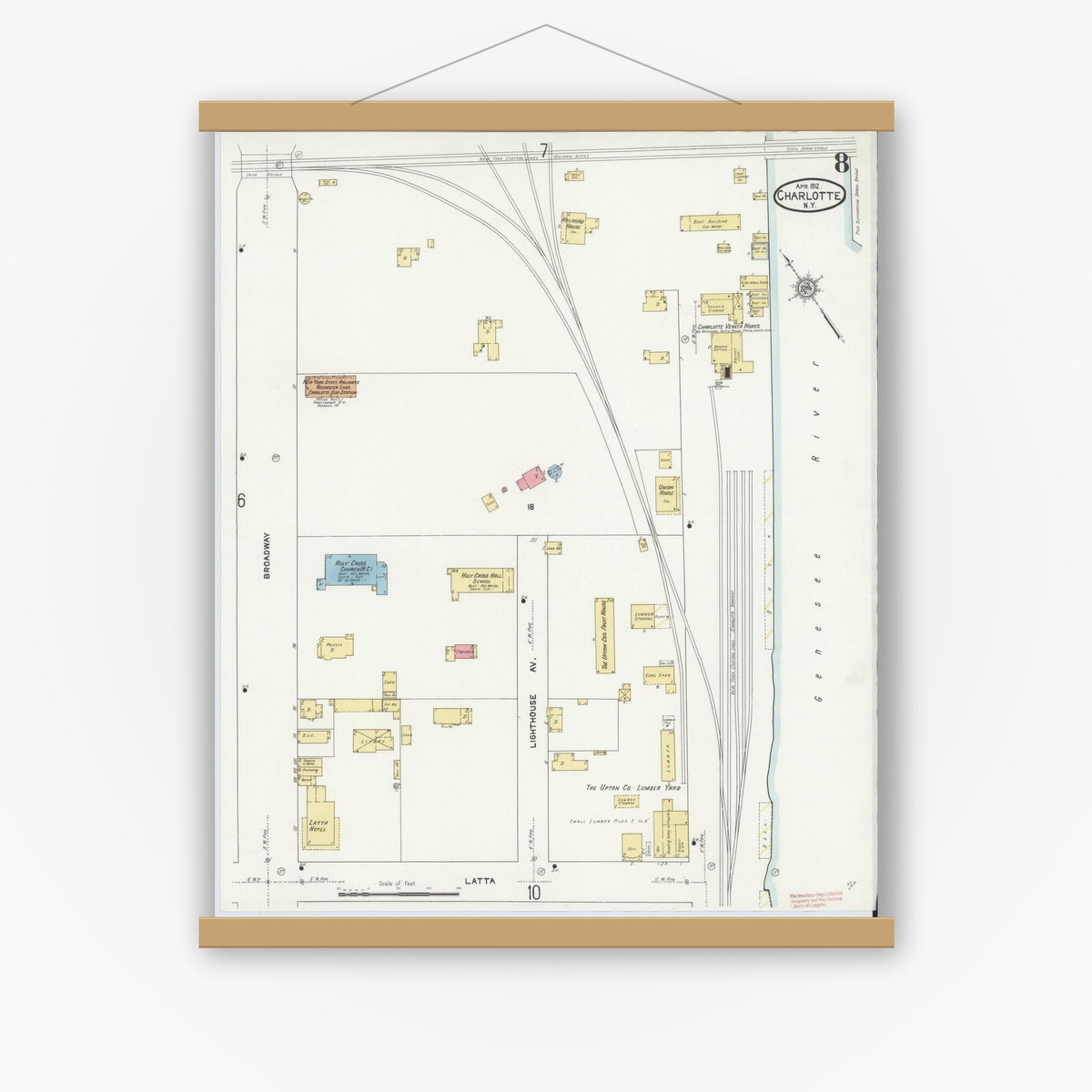 Old map wall art mockup — magnetic wood frame on white wall — Sanborn Fire Insurance Map from Charlotte, Monroe County, New York (1912), Sheet #0008