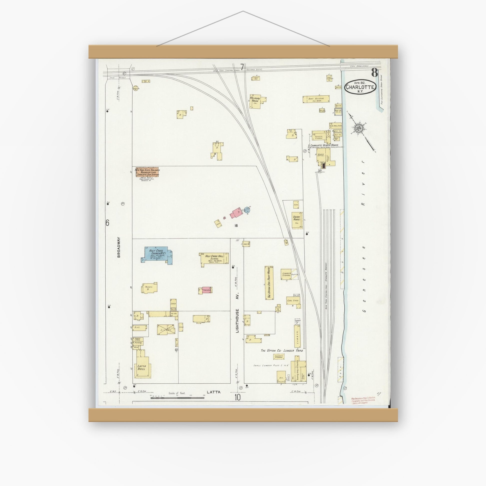 Old map wall art mockup — magnetic wood frame on white wall — Sanborn Fire Insurance Map from Charlotte, Monroe County, New York (1912), Sheet #0008