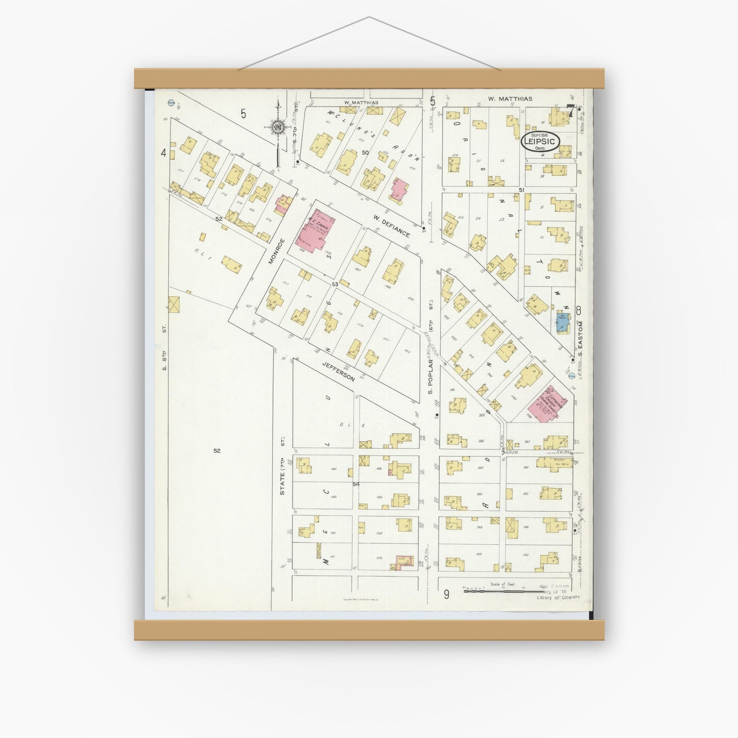 Old map wall art mockup — magnetic wood frame on white wall — Sanborn Fire Insurance Map from Leipsic, Putnam County, Ohio (1916), Sheet #0007