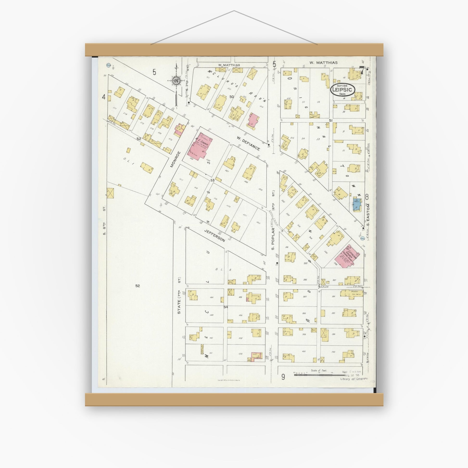 Old map wall art mockup — magnetic wood frame on white wall — Sanborn Fire Insurance Map from Leipsic, Putnam County, Ohio (1916), Sheet #0007
