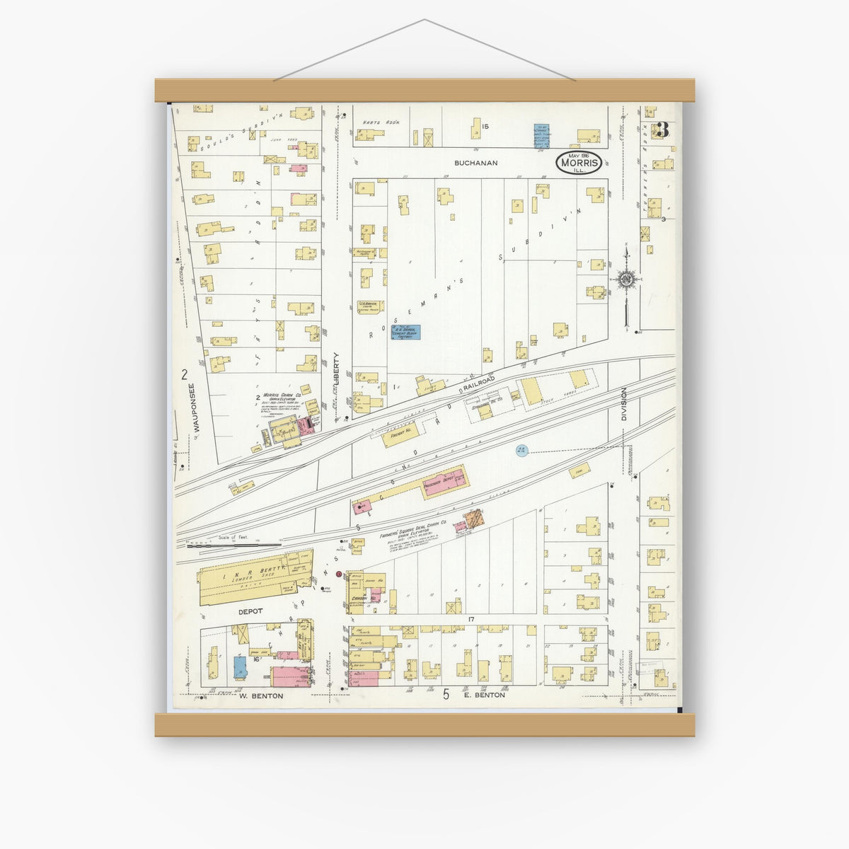 Old map wall art mockup — magnetic wood frame on white wall — Sanborn Fire Insurance Map from Morris, Grundy County, Illinois (1916), Sheet #0003