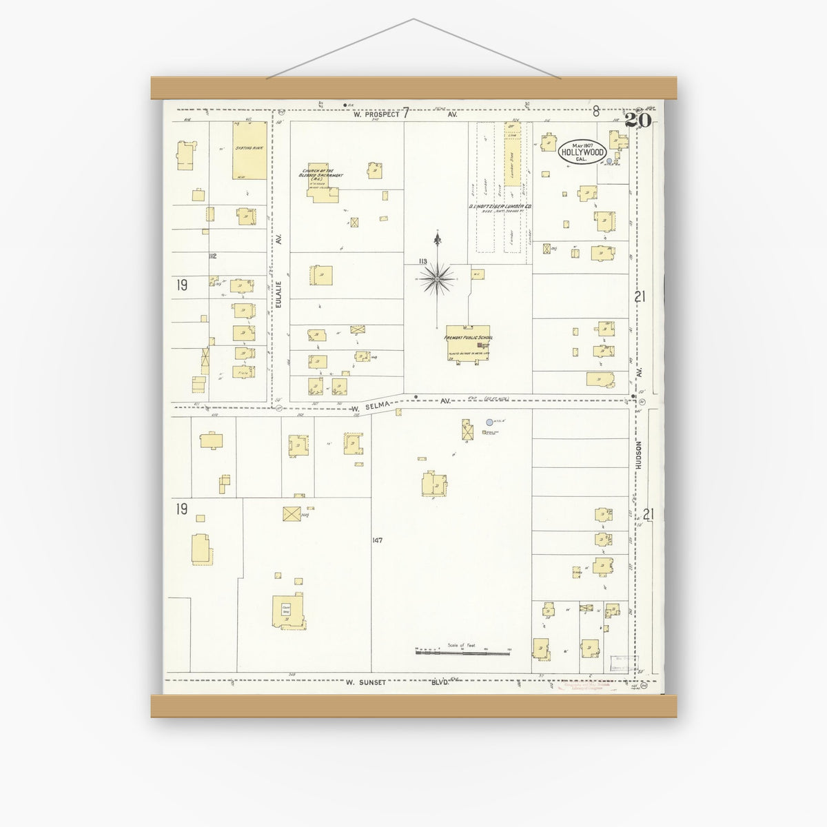 Old map wall art mockup — magnetic wood frame on white wall — Sanborn Fire Insurance Map from Hollywood, Los Angeles County, California (1907), Sheet #0020