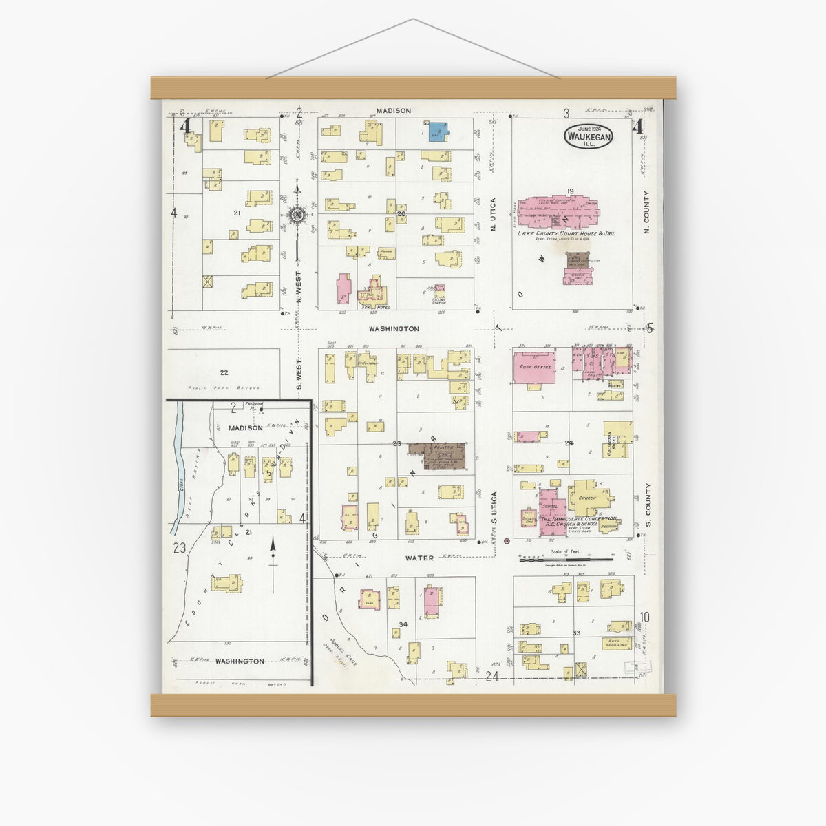 Old map wall art mockup — magnetic wood frame on white wall — Sanborn Fire Insurance Map from Waukegan, Lake County, Illinois (1924), Sheet #0004