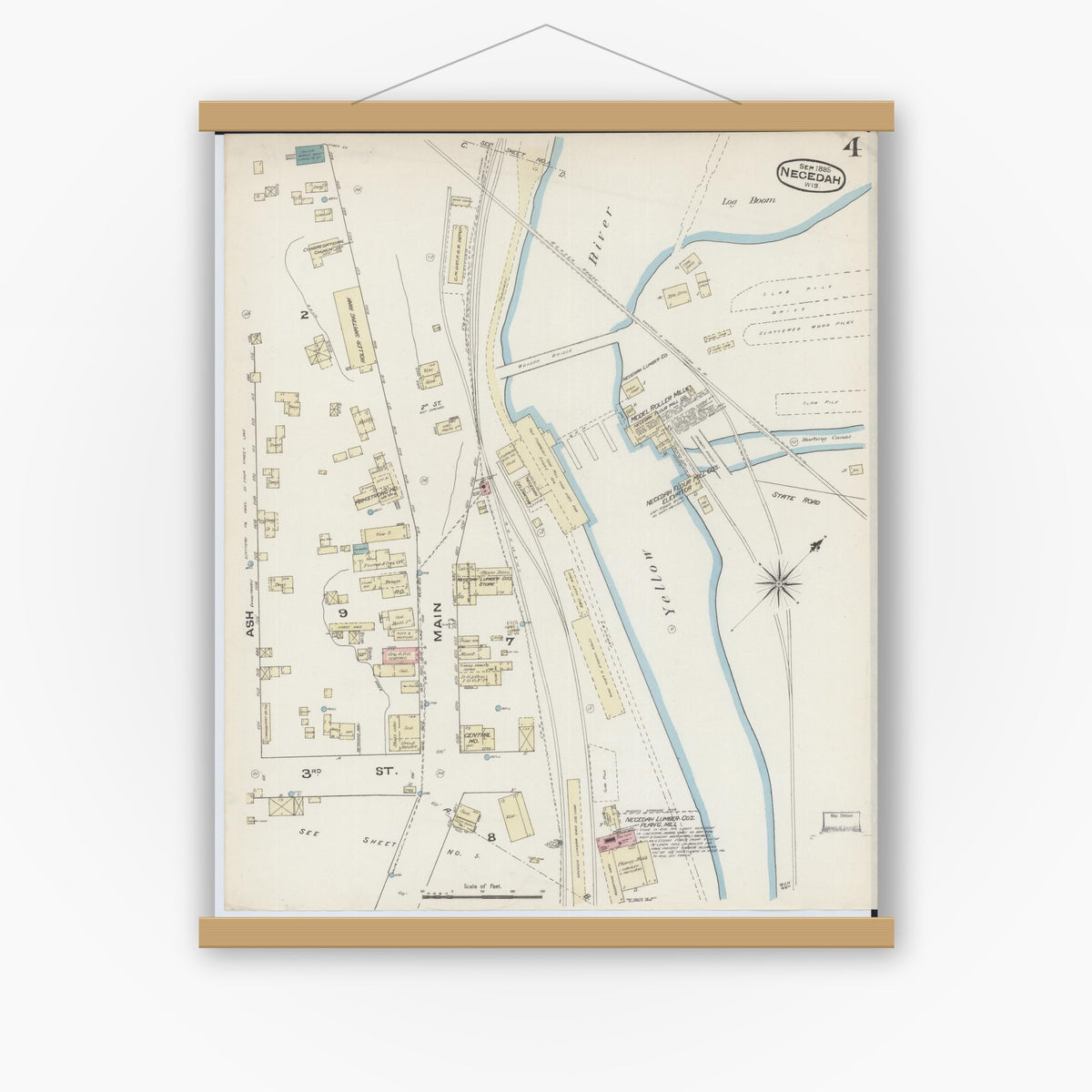 Old map wall art mockup — magnetic wood frame on white wall — Sanborn Fire Insurance Map from Necedah, Juneau County, Wisconsin (1885), Sheet #0004